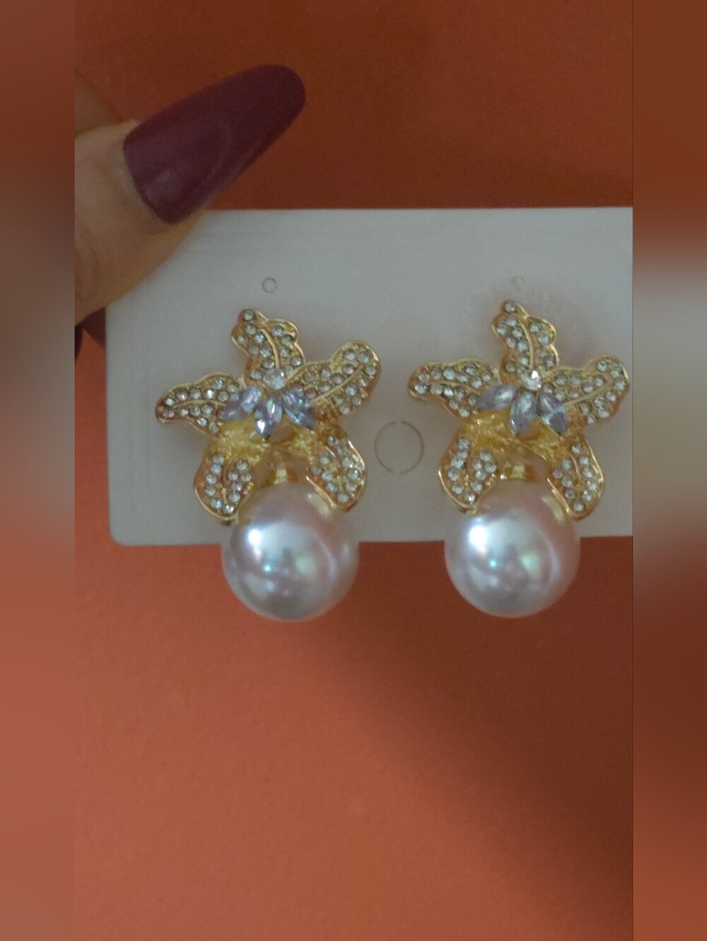 Gold Flower Pearl Drop Earrings with Clear Crystals Like Rhinestone - Picture 9 of 16